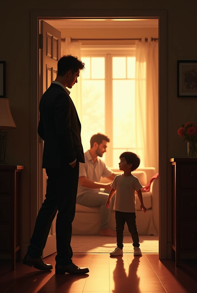 Silhouette of 23 year old Asian man in suit watching his boyfriend 23 year old Asian man playing in living room with his son