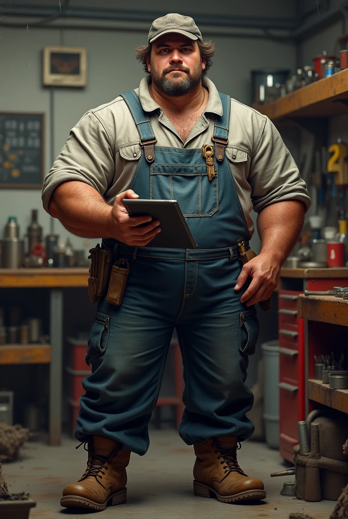 He is a 2 one tablet-wielding auto mechanic with a strong, muscular build and slightly greasy, tousled short hair. They wear a well-worn hat, durable work shirt with rolled-up sleeves, grease-stained overalls and heavy-duty work boots. Their hands are often smeared with oil, and they have a custom engraved key in their back pocket. Their sharp eyes and confident demeanor reflect their deep knowledge and passion for cars.