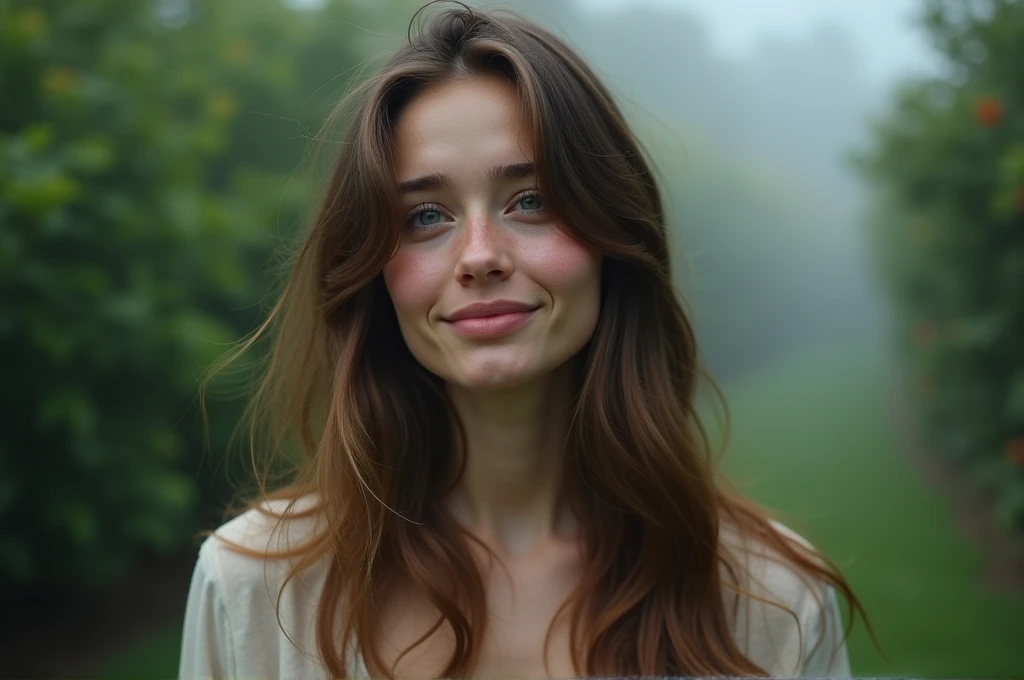 fot, taken from a distance that shows the entire body, She is very young, plein-air, em um jardim, short skirt and t-shirt, Caucasian skin, sad for a lost love, long brown hair, a wry smile softened - tears in the eyes, contained excitement, Soft lighting on your face, realistic skin-clothes-hair textures, sky blue eyes carpeted mist, beautiful real textures and delicate aesthetics, full body view, notable for natural feminine beauty, noise, 8 k quality, FOTO RAW, by professional photographer, rule of thirds, Extremely Detailed