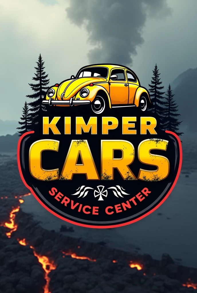 Logo for a lube center and tire shop that says Kimper Cars logo with letters on top of a yellow beetle car . Car on top of the. Letter and small below Kimper cars that says service center the letters that are black and red and behind the. Misti Volcano 