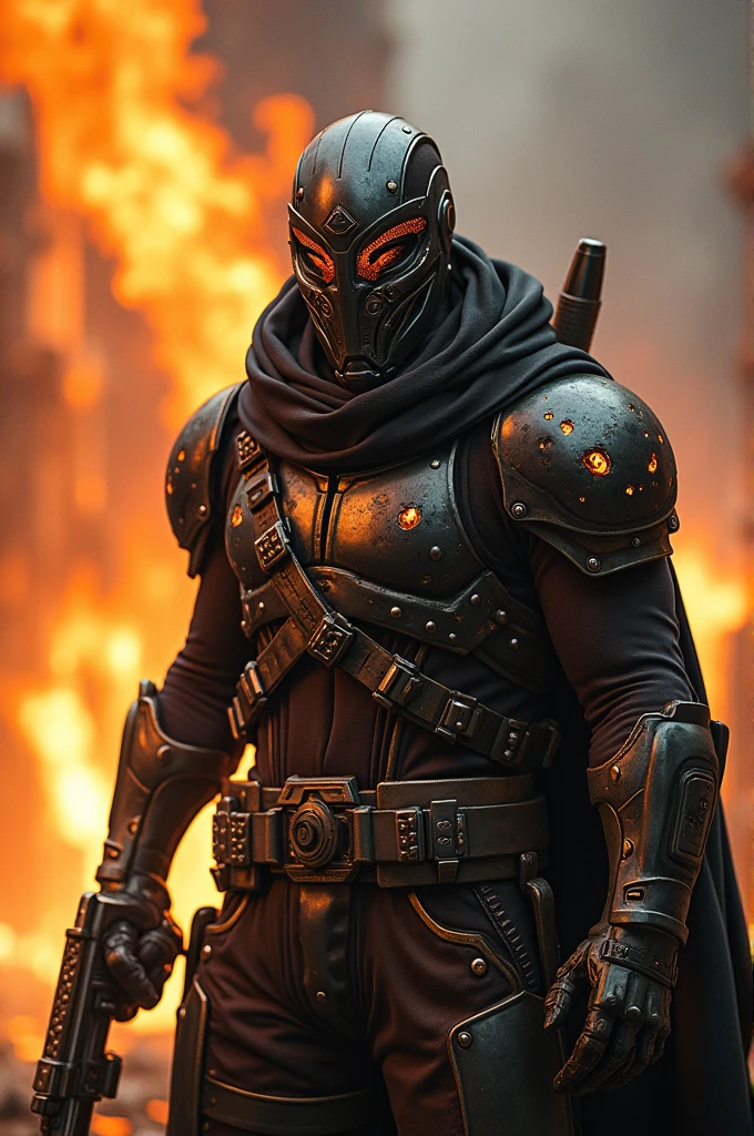 A man with a metal mask that protects him from fire,he has a flamethrower in his