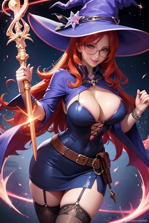 big breast witch, sweaty cleavage, redhead, sexy electric dress, magic scepter, glasses, smile
