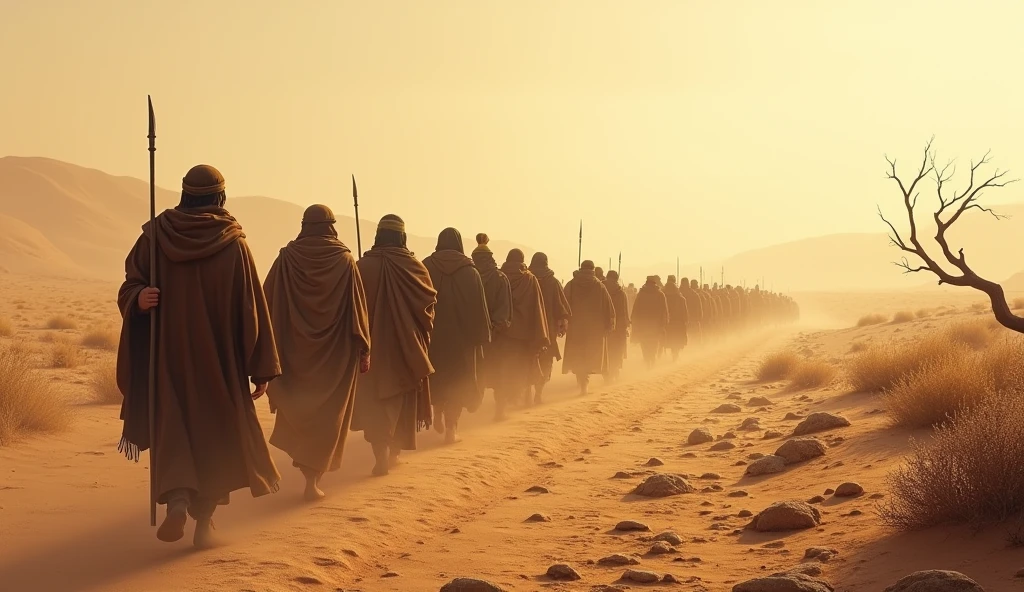 Description: A depiction of the period of wandering in the Sinai desert. Details: The scene shows the Israelites wandering in a barren desert, crossing aimlessly, with a background that reflects their loss in the desert