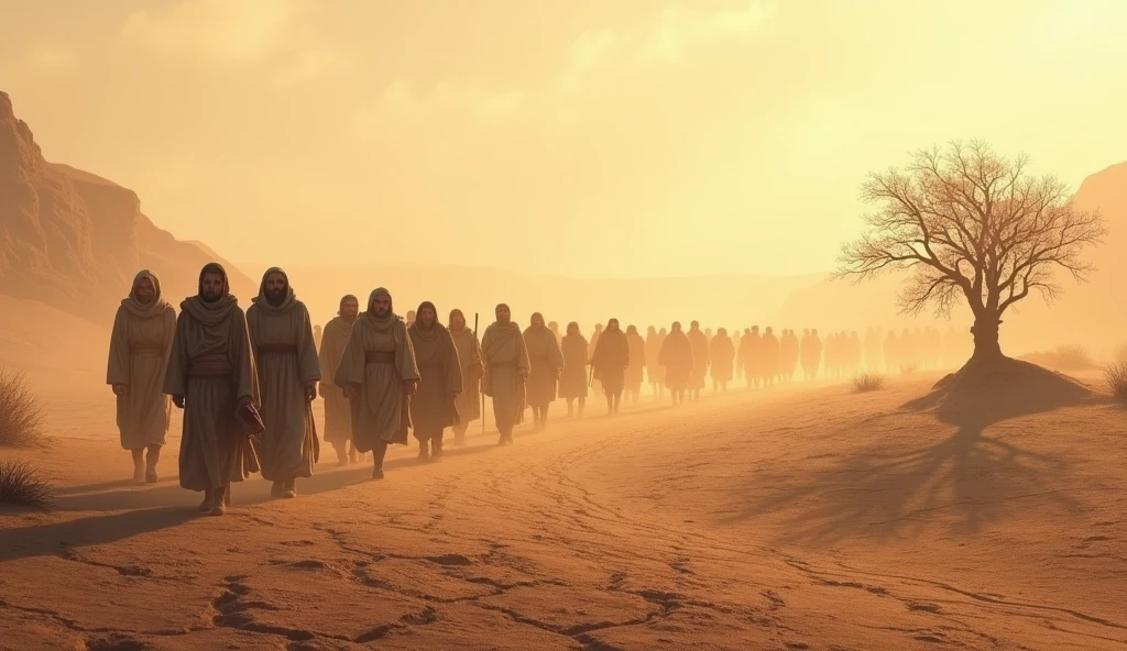 Description: A depiction of the period of wandering in the Sinai desert. Details: The scene shows the Israelites wandering in a barren desert, crossing aimlessly, with a background that reflects their loss in the desert

 