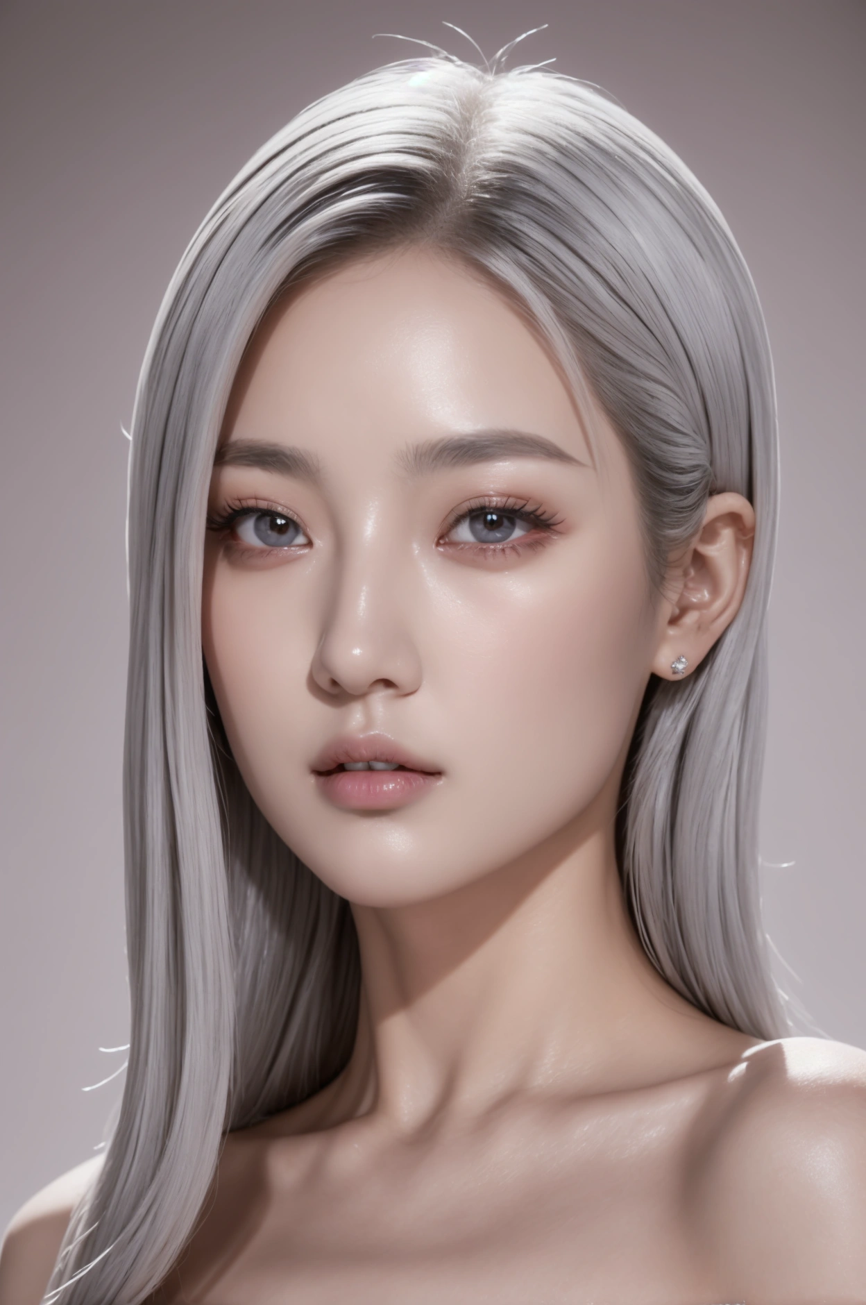 head of'artwork, Beautiful girl, Night Moon Full Moon, 1 female, femme mature, sister, Royal sister, cold face, Sans expression, Woman with long silvery white hair, light pink lips, tranquil, intellectuel, Grey eyes with three stripes, Couteau court d'assassin, flower ball background, Hand details, Finger details, facial details, Eye details,