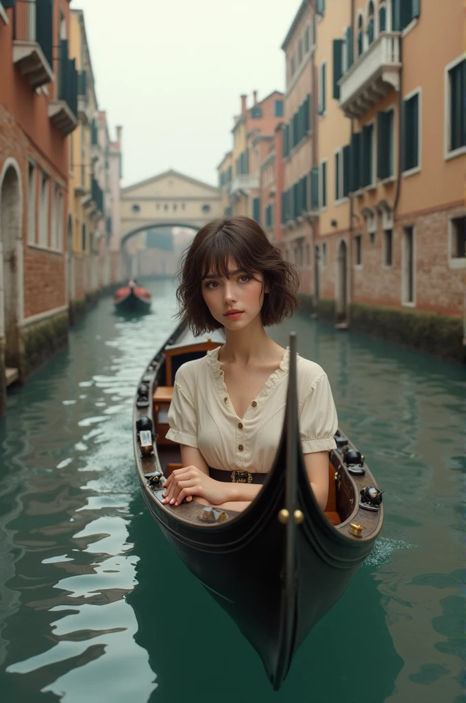 Brunette girl in Venice on a gondola with very short hair and brown eyes. realistic