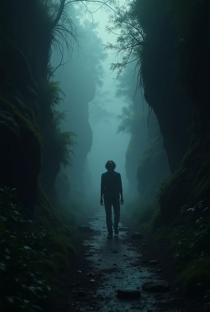 "Create a haunting image of a person lost on a dark, foreboding path. Depict the individual standing or walking on a narrow, shadowy trail surrounded by dense, ominous forest or rocky terrain. The path should be dimly lit, with minimal light filtering through, casting long shadows and creating an atmosphere of uncertainty and disorientation. The person should have a troubled, anxious expression, conveying their sense of being lost and unsure. Use deep, muted colors and dramatic lighting to enhance the mood of darkness and isolation, with the surrounding environment adding to the feeling of entrapment and confusion."


































































































