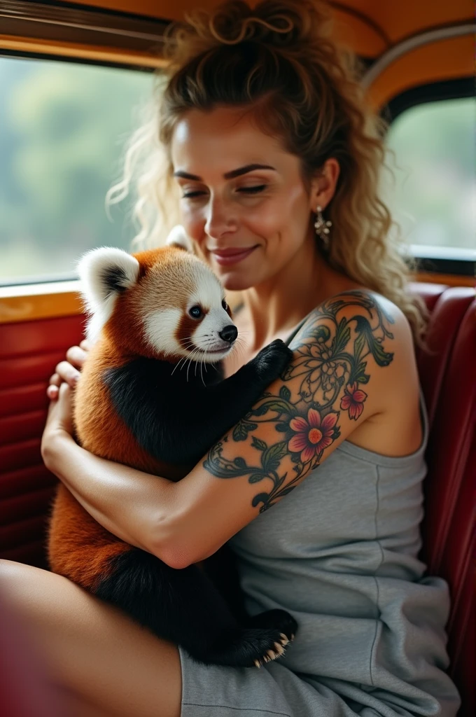 Mama panda and her little panda playing on the banbus for tattoo