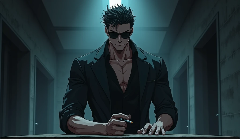 Male full body Anime charector in face forward and sunglasse and toking in setting on a table