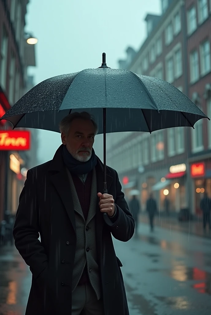A Dutch man using an umbrella on a rainy and windy day