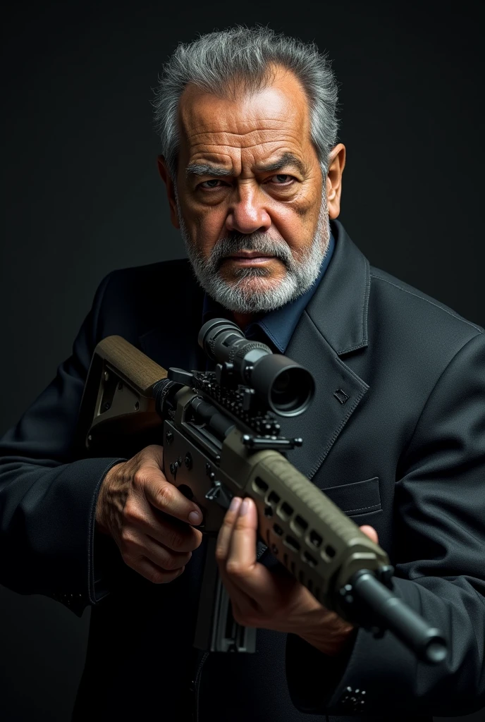 Luiz Inácio Lula da Silva holding a sniper rifle with a mean face