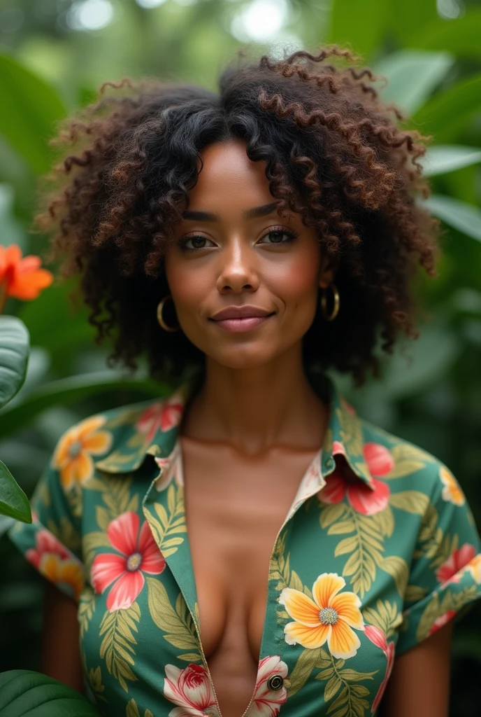 A Brazilian woman in a lush tropical garden, wearing an open shirt with a floral print, with a close-up capturing the harmonious beauty between her breasts and the natural flowers, showing off your natural charm and outgoing personality.