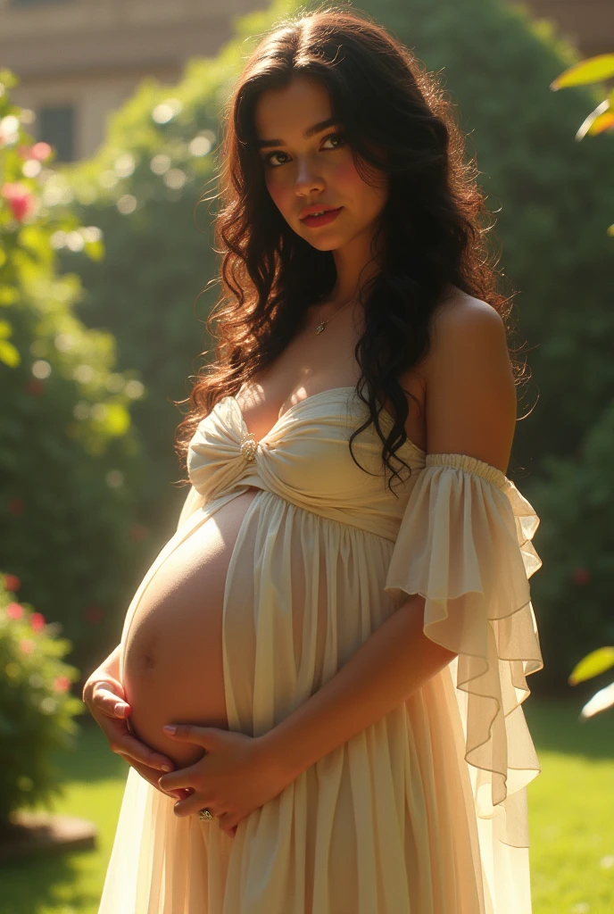 young woman 2, Pregnant woman, woman with 9 months pregnant belly, visible pregnancy belly detailed ((detailed big pregnancy belly)) Woman with hands on belly, wearing long dress, Detailed British Victorian dress, ruddy skin, ((sunny victorian mansion garden background)), curly long hair, dark haired woman, black hair color, detailed black eyes, perfect dark feline-shaped eyes, perfect sensual and full lips, woman with angelic and delicate beauty full body, full body woman in image ((mulher de corpo inteiro)), cover, hyperdetailed painting, Luminism, bar lighting, Complex, 4k resolution concept art portrait by Greg Rutkowski, artgerm, WLOP, Alphonse Mucha's: a stunning realistic photograph.