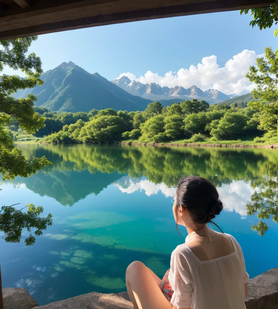 Draw a picture of a young Asian girl, 30 years old meditating in the left corner of the photo, around mountains and rivers. Photorealistic photos, High definition, Close, turn your back to the camera