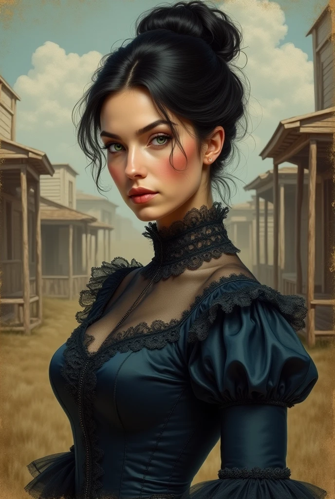 1875, southern lady, black hair, green eyes, feminine dress, wild west, wears her hair tied up, dark blue victorian dress