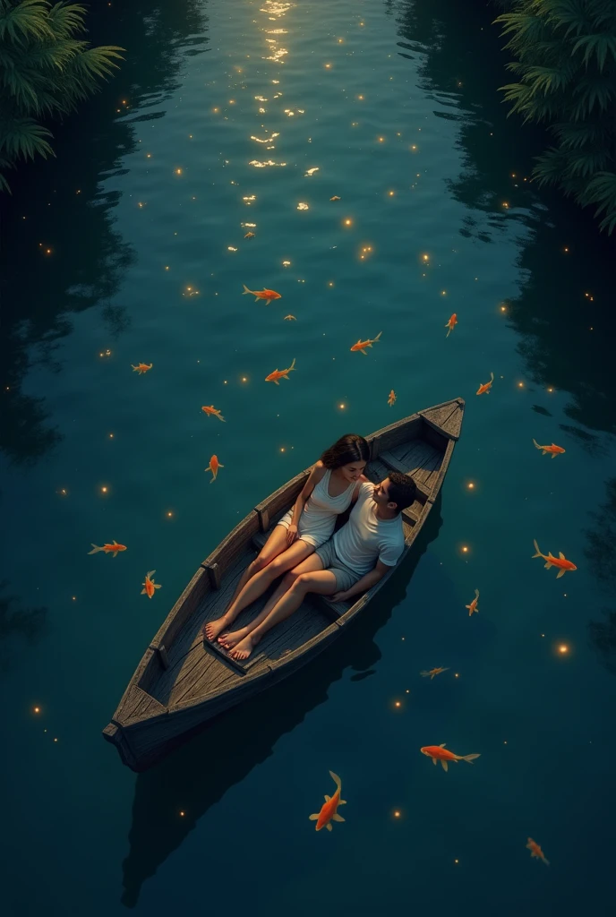 A couple, what sits in a small wooden boat at night. With fireflies and fish in the water. The perspective should be from above on the boat.