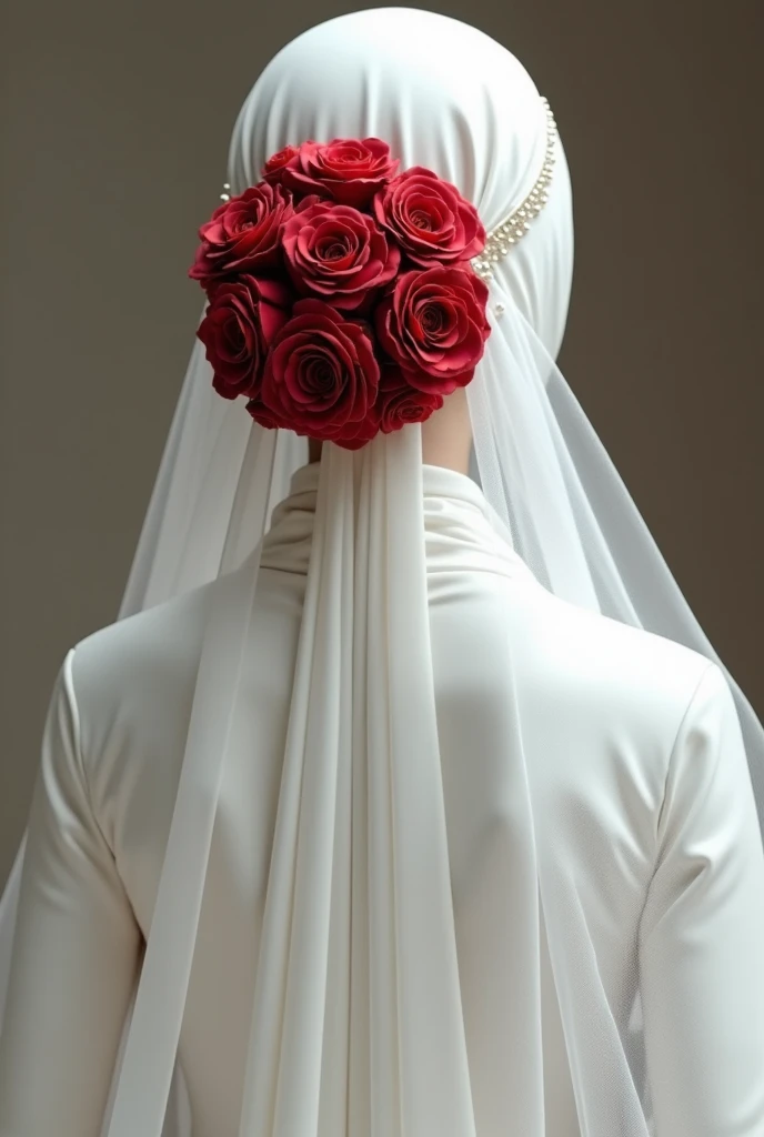 Picture of the back side of a muslim bride in hijab and white gown. No skin or hair will be visible, Head and neck will be fully covered by hijab/skarf. she will be wearing a flower bun of red roses over her hijab, the bun will cover her full bun, no hair will be seen. A transparent veil with pearls will be over her head, through which, the flower-bun will be visible.