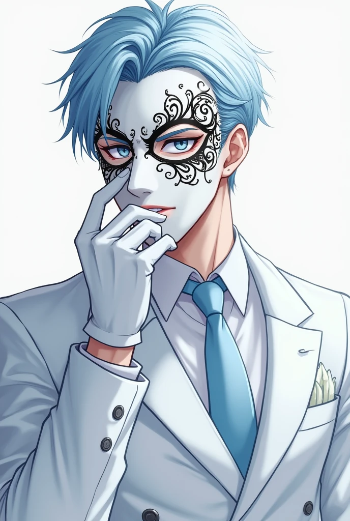((master part:1.2, best quality)), 4k, 1 man, anime style, Handsome, short baby blue hair, forehead, white suit, baby blue tie, portrait, white mascarade mask covering his whole face, black swirling details on the mask, defined body, light blue eyes, white gloves (Muscle:1.4, broad shoulders:1.4, disciplined body)