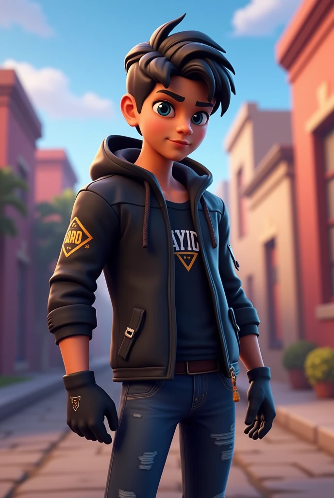 Fortnite skin: Mexican boy, dark brown hair, black jacket, jeans, black gloves , head facing on the side