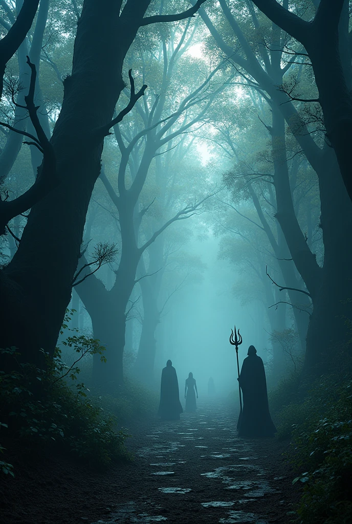 (best quality,4k,8k,highres,masterpiece:1.2),ultra-detailed,(realistic,photorealistic,photo-realistic:1.37),haunted woods,mystical feeling,ominous,enchanted forest,dark shadows,mysterious fog,ancient trees,twisted branches,gloomy atmosphere,ethereal glow,silhouettes of creatures,dappled moonlight,whispering winds,Eldritch magic,haunting spirits,unearthly presence,ghostly apparitions,eerie sounds,crunching leaves underfoot,tangled vines,shimmering mist,enchanted whispers,distant howls,ominous silence,spiderwebs glistening with dew,moonlit path,hidden secrets,lost souls wandering,Limbo realm,void between worlds,senses heightened,heart pounding,thrilling anticipation,supernatural aura,uncanny stillness,dark rituals,otherworldly energy,cloaked figures,whispering trees,occult symbols,haunting echoes of lord Shiva and a trident in his hand in front face of big body