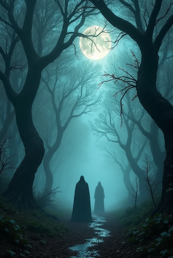 (best quality,4k,8k,highres,masterpiece:1.2),ultra-detailed,(realistic,photorealistic,photo-realistic:1.37),haunted woods,mystical feeling,ominous,enchanted forest,dark shadows,mysterious fog,ancient trees,twisted branches,gloomy atmosphere,ethereal glow,silhouettes of creatures,dappled moonlight,whispering winds,Eldritch magic,haunting spirits,unearthly presence,ghostly apparitions,eerie sounds,crunching leaves underfoot,tangled vines,shimmering mist,enchanted whispers,distant howls,ominous silence,spiderwebs glistening with dew,moonlit path,hidden secrets,lost souls wandering,Limbo realm,void between worlds,senses heightened,heart pounding,thrilling anticipation,supernatural aura,uncanny stillness,dark rituals,otherworldly energy,cloaked figures,whispering trees,occult symbols,haunting echoes of lord Shiva and a trident in his hand in front face of big body