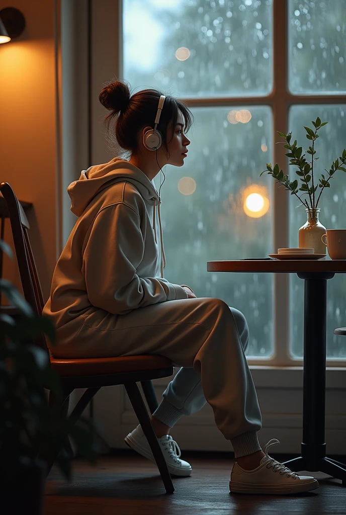 (Photo realism:1.2), beautiful woman, sitting in a cafe, Watch the rain, Wearing a hoodie top,trousers, messy bun, wearing sneakers, wearing headphones, Indoors, soft light, Glass rain on the background, comfortable room, Thinking attitude, True-to-life imagery, intricate details,
