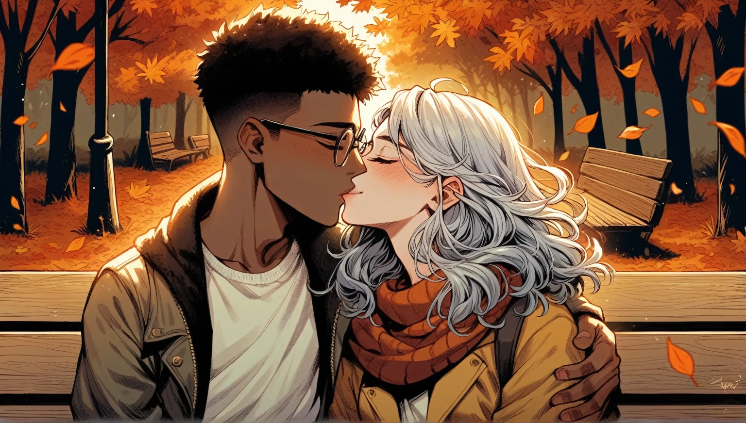 Create a wide realistic comics illustration of a young interracial couple in an autumn setting, sharing a tender kiss. The young man has black African features, short dark hair, and wears eyeglasses. The young woman has European features with slightly curly silver-white long hair. They are both dressed in autumnal clothes, surrounded by falling leaves and warm autumn colors. The illustration should capture their affectionate embrace amidst the vibrant foliage, reflecting the romantic and serene atmosphere of the autumn season.