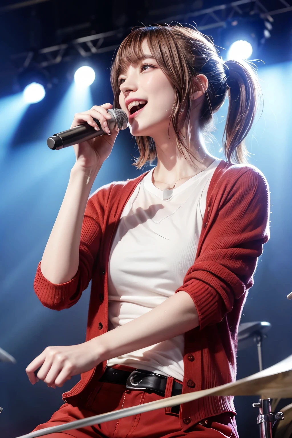 realistic, a drummer, rock band, playing red drums, holding a drum stick, on the stage of the concert, brightly lit by spotlights on the stage, extremely bright lighting, wearing red cardigan and white shirt, mediuam-length light brown hair, pony-tails hairstyle, hair is blowing in the wind, hair is shaggy and dishevelled, beautiful white-colored translucent skin, sweat splashes, glamorous figure, full breasts, little or no skin exposed, natural makeup, small nose, smooth shaped jawline, glossy face, heavy flushed cheeks, big smile