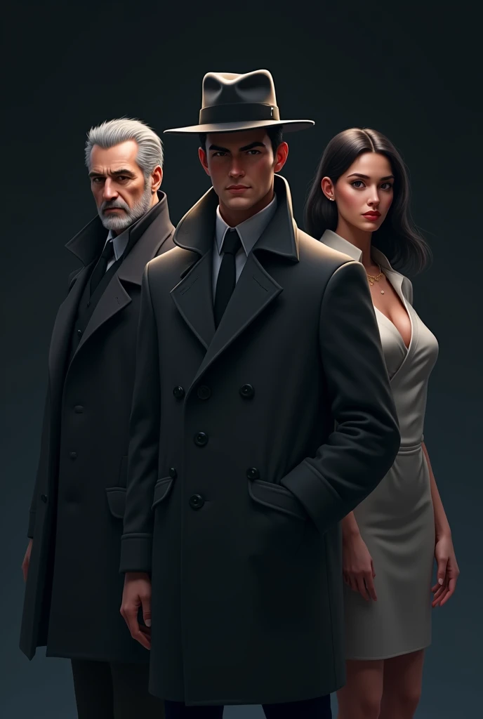Imagine a 2D illustration with a dark, atmospheric background highlighting the three main characters. The first character is a 50-year-old detective, with a serious expression, dressed in a classic detective coat and hat. His sharp facial features and stern gaze emphasize years of experience and wisdom gained through long-term work.
Next to him stands a younger detective, 2, in a neat police uniform. His face reflects youthful determination and energy, ready to prove himself in tough situations. His features are slightly softer but still clearly defined, with sharp edges contributing to a minimalist style.
The third character is a young, beautiful, and attractive woman, dressed modestly yet radiating allure. Her curves are accentuated through carefully designed attire that maintains style and elegance. Her posture is confident, and her facial features are gentle, with sharp contours standing out in this 2D illustration.
The sharp edges and clean lines further emphasize the minimalist style of the image, while the dark background provides contrast that makes the characters stand out in the composition. Their presence creates a sense of mystery and tension, key elements of this scene.
