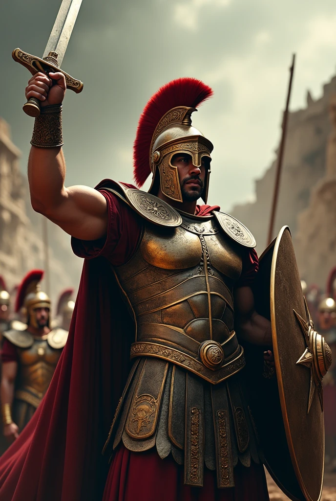 Soldier with Roman style armor, using a shield and a sword in the other hand, with helmet, shouting his victory, detailed and realistic 4k photo