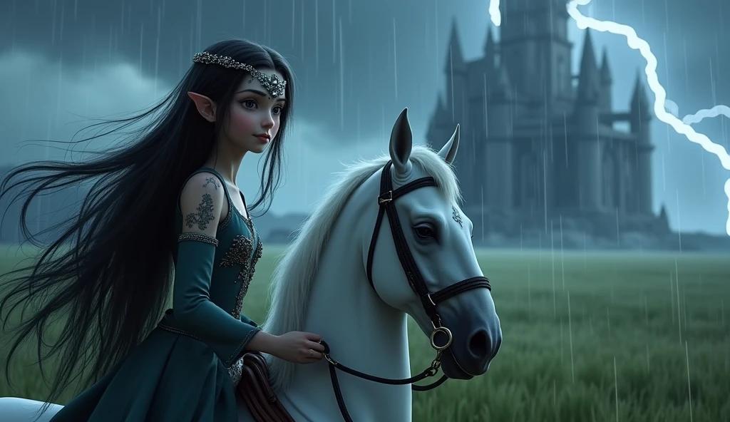 a young and beautiful elf princess, with elven tattoos, beautiful pale face, gray eyes, beautiful black hair with a crystal tiara, rides her white horse, it is raining torrentially, thunder is falling, the sky is extremely dark, in the background you can see in the distance a meadow on the outskirts of an immense castle, cinematic lighting, pixar style, long shot