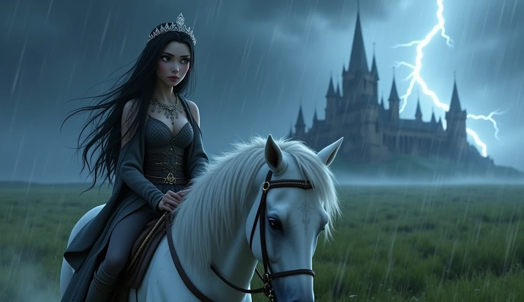 a young and beautiful elf princess, with elven tattoos, beautiful pale face, gray eyes, beautiful black hair with a crystal tiara, rides her white horse, it is raining torrentially, thunder is falling, the sky is extremely dark, in the background you can see in the distance a meadow on the outskirts of an immense castle, cinematic lighting, pixar style, long shot
