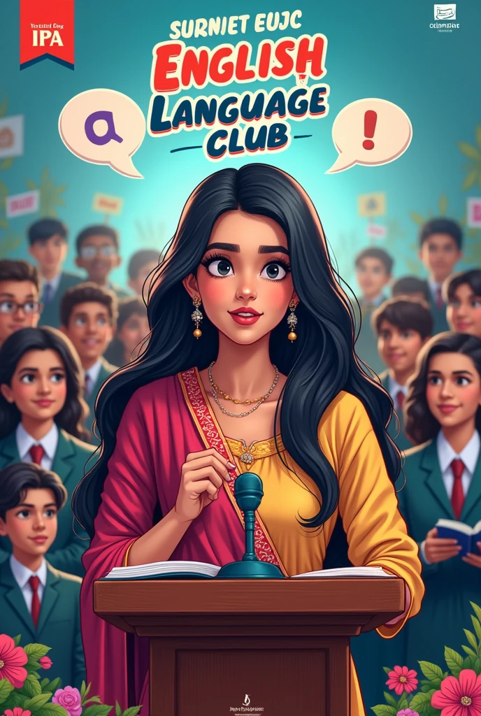Make a poster.
Descriptions:-
Name-English language club,Joypurhat
A beautiful college girl speaker with bangladeshi college dress and many audience college boys with college dress.Upgrade your level.
Some english latters and IPA symbles.
(Appropriate for profile picture)