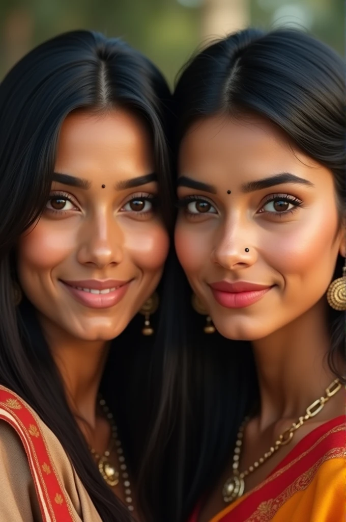 Create a realistic and stunning image of a 2 Indian woman. She has warm, glowing, medium-brown skin with a smooth texture. Her large, almond-shaped eyes are deep brown, with long, thick eyelashes framing them. Her eyebrows are slightly arched, full, and well-groomed, adding to her expressive gaze. Her nose is slender and slightly upturned, complementing the symmetry of her face. She has full, soft lips with a natural pink hue, slightly curved into a gentle, inviting smile. Her straight, jet-black hair cascades down to her shoulders, with a subtle shine, and a few strands gently frame her face. Her ears are delicately shaped, adorned with small, traditional gold earrings. The background should be softly blurred to keep the focus on her face, with natural lighting that highlights her features without any harsh shadows.