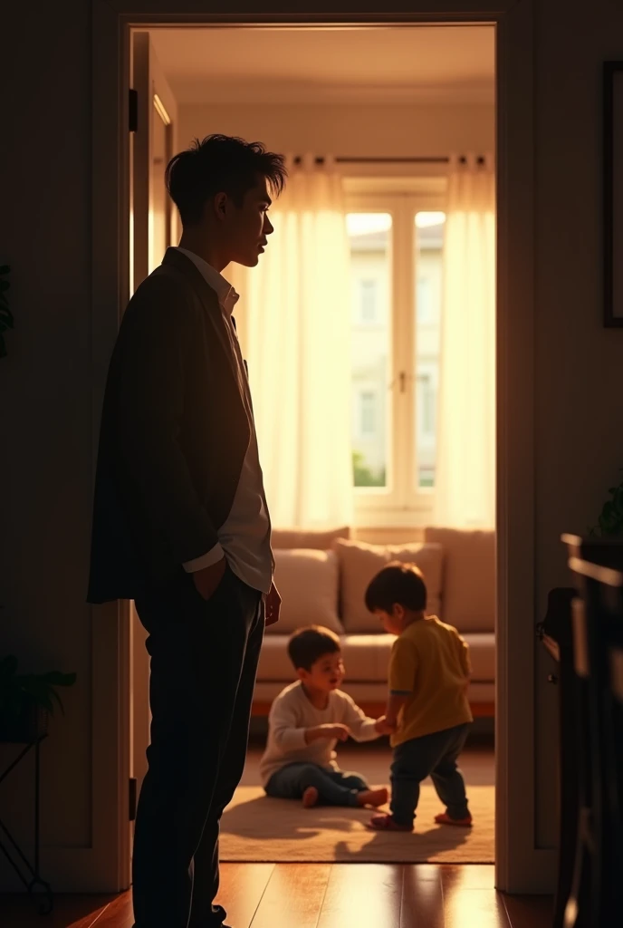 Silhouette of 23 year old Asian man in suit watching his boyfriend 23 year old college student Asian man playing in living room with his son