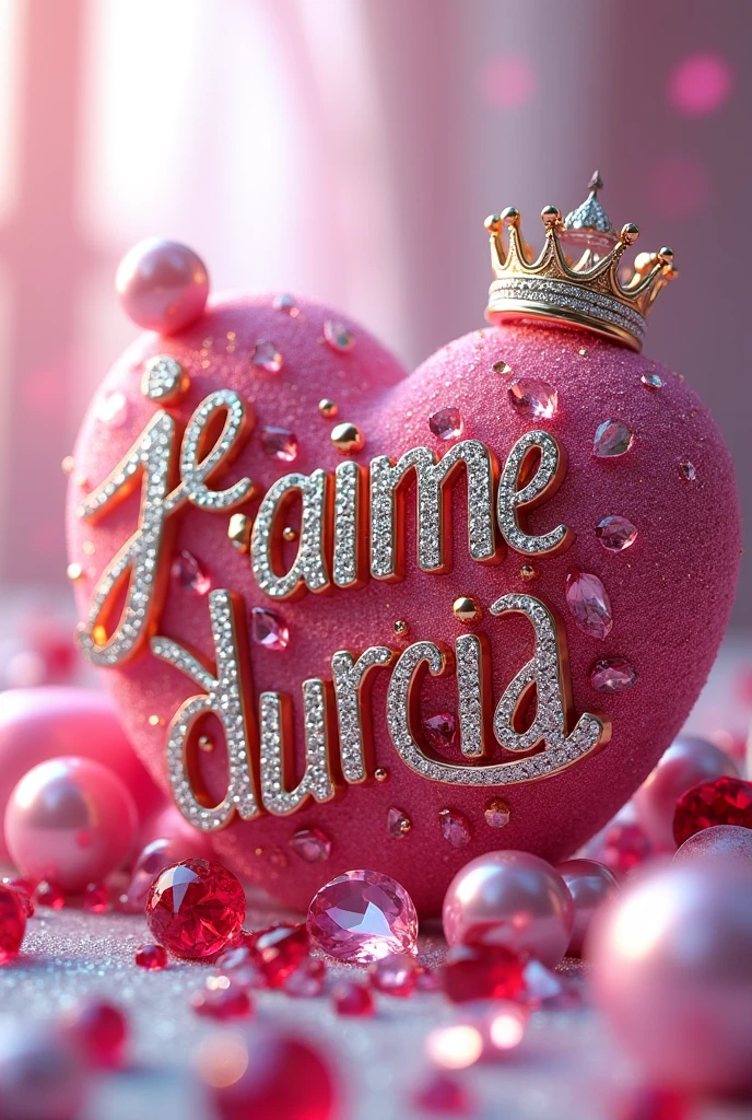 Invite : touche 3D colorée de rose et de blanc, avec le texte métallique 'je t'aime Durcia" écrit en diamants.  Inclure des rubis et des diamants, avoir une couronne sur la lettre D