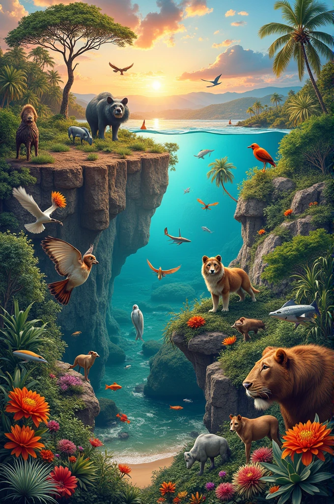 Make a collage where you can see all the types of environments with animals that live in that habitat. I want it to be very colorful and for the images to be of good quality. I also want them to be well arranged and not have empty spaces.
