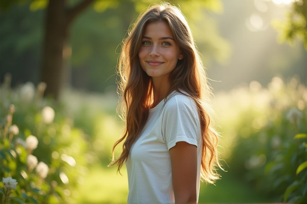 fot, taken from a distance that shows the entire body, She is very young, plein-air, em um jardim, short skirt and t-shirt, Caucasian skin, sad for a lost love, long brown hair, a softened wry smile - contained excitement, Soft lighting on your face, realistic skin-clothes-hair textures, sky blue eyes carpeted mist, beautiful real textures and delicate aesthetics, full body view, notable for natural feminine beauty, noise, 8 k quality, FOTO RAW, by professional photographer, rule of thirds, Extremely Detailed