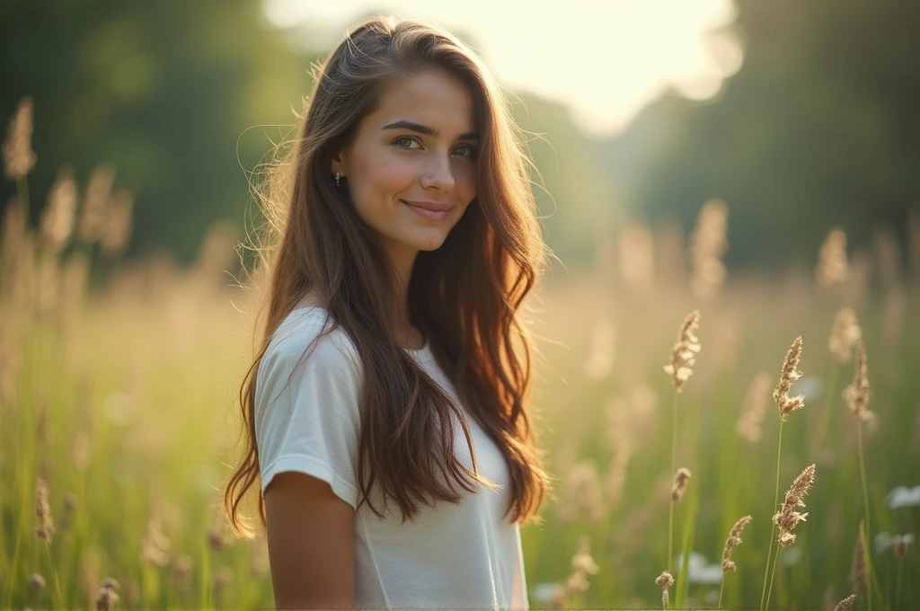 fot, taken from a distance that shows the entire body, She is very young, plein-air, em um jardim, short skirt and t-shirt, Caucasian skin, sad for a lost love, long brown hair, a softened wry smile - contained excitement, Soft lighting on your face, realistic skin-clothes-hair textures, sky blue eyes carpeted mist, beautiful real textures and delicate aesthetics, full body view, notable for natural feminine beauty, noise, 8 k quality, FOTO RAW, by professional photographer, rule of thirds, Extremely Detailed
