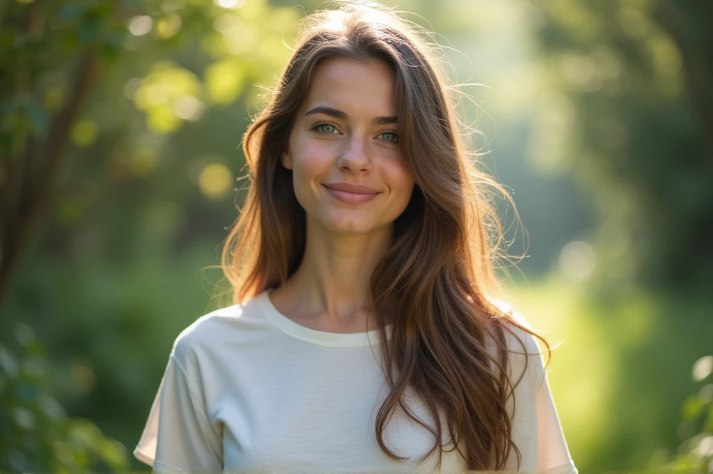 fot, taken from a distance that shows the entire body, She is very young, plein-air, em um jardim, short skirt and t-shirt, Caucasian skin, sad for a lost love, long brown hair, a softened wry smile - contained excitement, Soft lighting on your face, realistic skin-clothes-hair textures, sky blue eyes carpeted mist, beautiful real textures and delicate aesthetics, full body view, notable for natural feminine beauty, noise, 8 k quality, FOTO RAW, by professional photographer, rule of thirds, Extremely Detailed