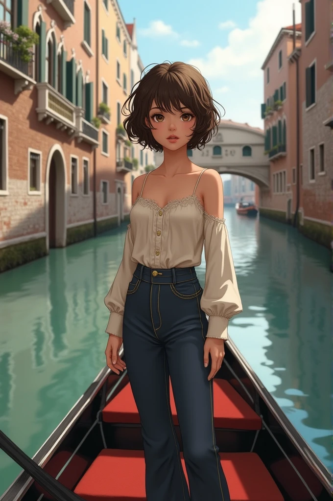Brunette girl in Venice standing on a gondola with very short hair and brown eyes. realistic