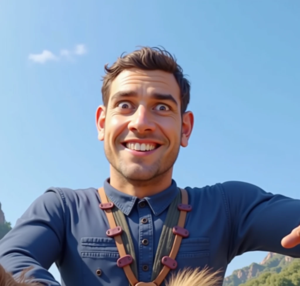 Man on top of a donkey holding a broom as if it were a sword