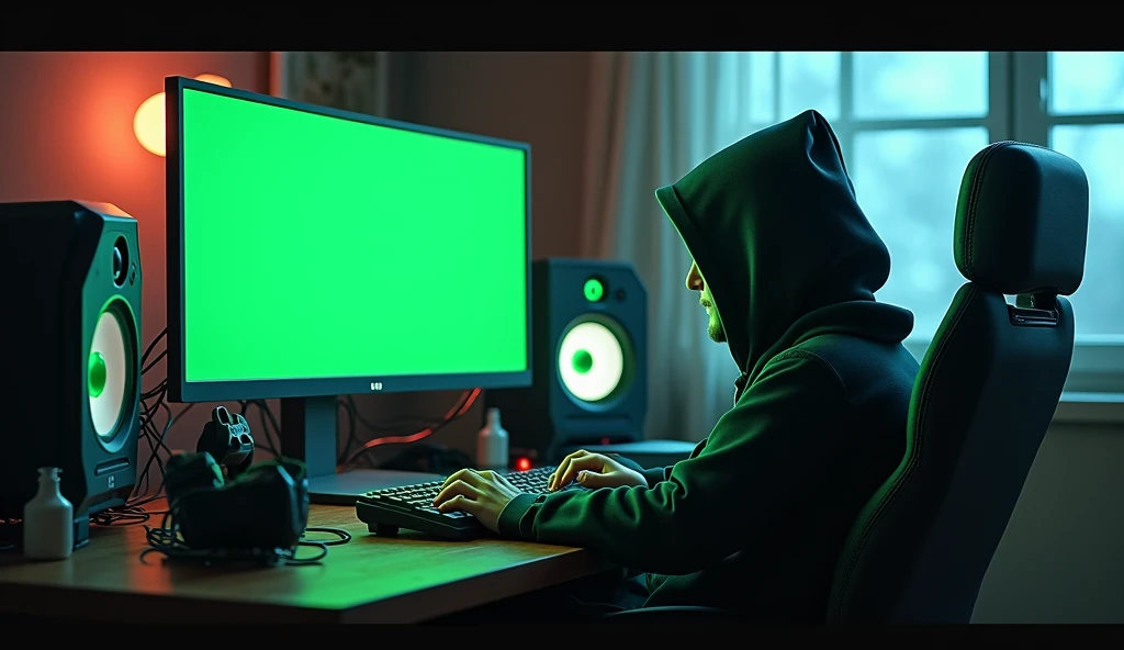 (Melhor Qualidade)White rapper in hoodie or plays on his back singing his lyrics in a studio of Straight Short Hair, sem aparecer o rosto, Smoking with plenty of smoke, green and red lights and a view from the back. In the studio has to have a minimum detail of Cannabis and decorations in the style Rap