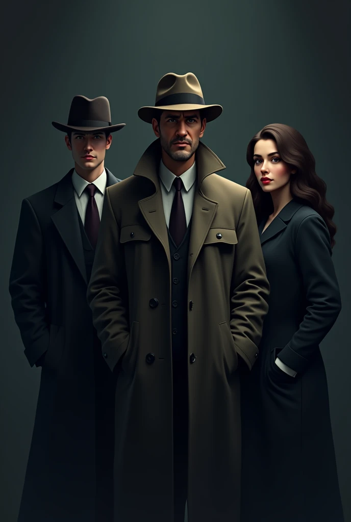 Imagine a minimalist comic book cover with a dark, moody background that highlights the three main characters. At the center stands a 50-year-old inspector, with a serious and experienced look. He wears a distinctive detective coat and hat, with wrinkles on his face that suggest years of service.
To his left is a 2 young inspector, dressed in a neat police uniform. His expression reflects youthful determination and focus, as well as a readiness to prove himself in tough situations.
On the right side stands a beautiful young woman with noticeable curves, dressed modestly but stylishly. Her attire is elegant, with subtle details that emphasize her charm, and her posture exudes confidence.
The entire scene is framed in a minimalist style, with emphasized lines and subdued colors that enhance the sense of mystery and tension. The background is simple and dark, allowing the characters to stand out as the central focus of the illustration.