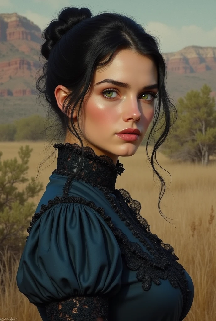 1875, southern lady, black hair, green eyes, feminine dress, wild west, wears her hair tied up, dark blue victorian dress