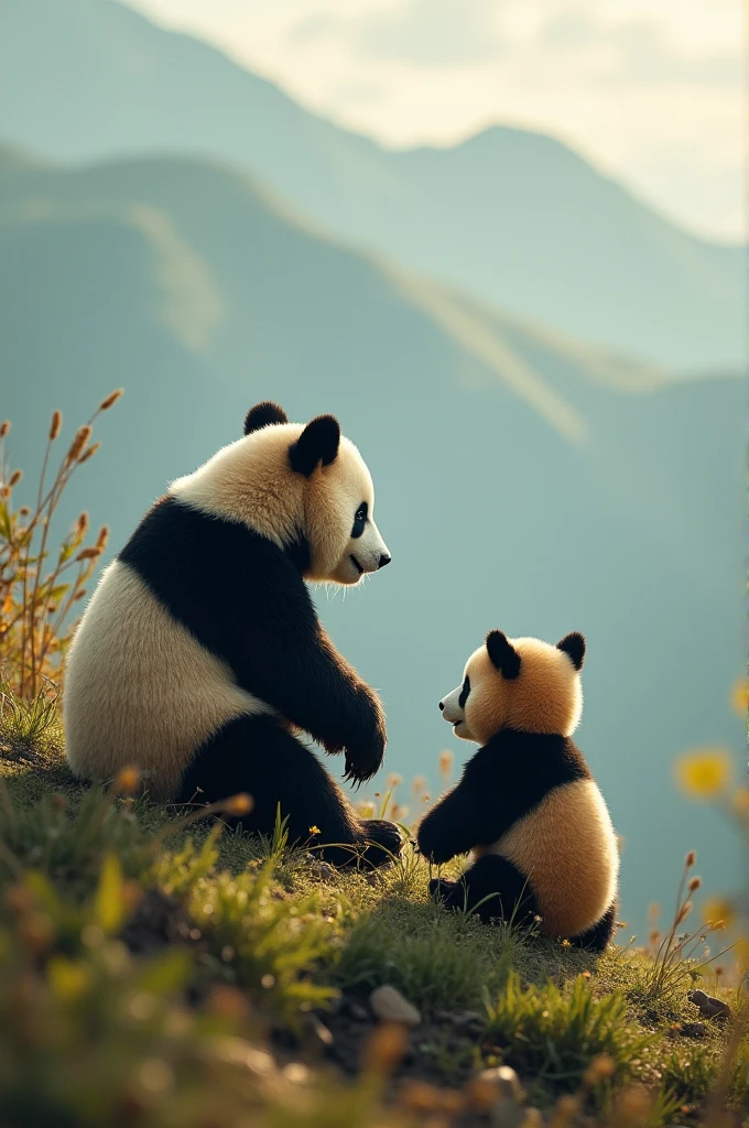 Panda bear sitting on a hill watching his panda son play