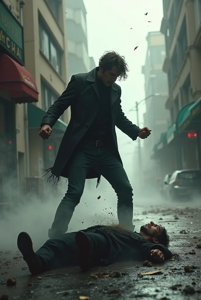 A man killing on the street in a strong wind