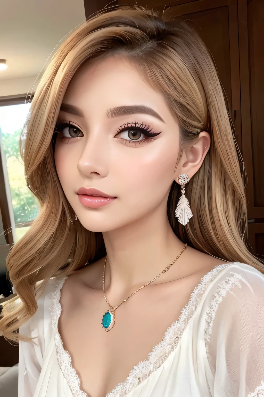 Beautiful woman Clean skin Natural eye makeup Natural brown eyeshadow Natural eyes with thin eyeliner Curled eyelashes and highlighted with mascara Natural eyebrows Natural eyebrows that match the hair color Elegant clothing Elegant style without excessive exposure Small earrings or necklace Feathered Fairy
