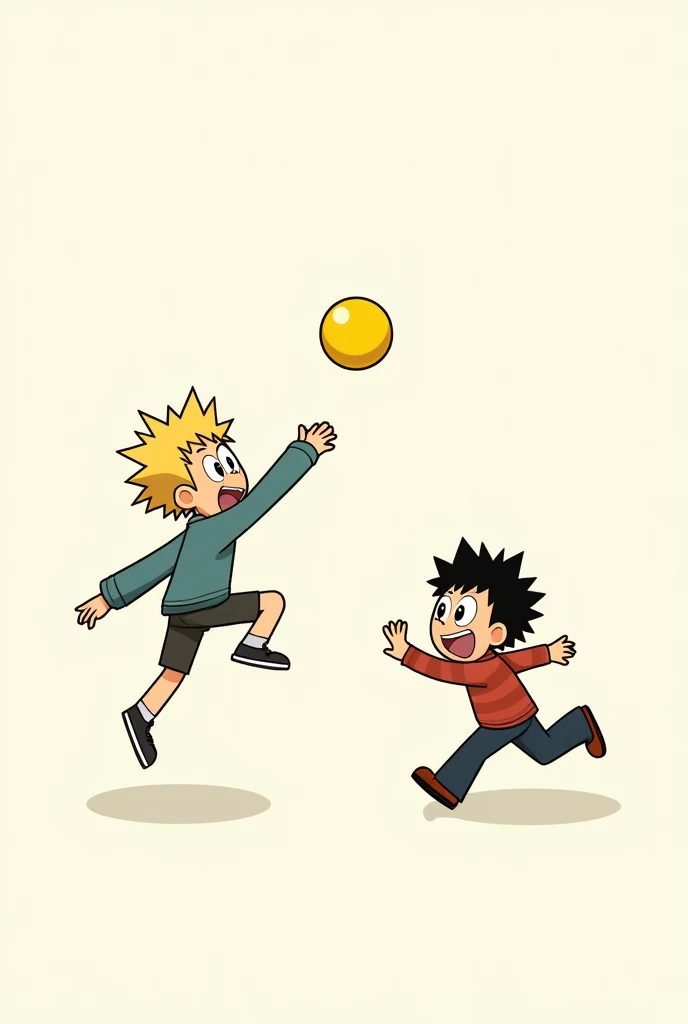 Create two male Cartoon characters, with a title "yellow ball", one throwing a yellow ball and the other prepared to catch it, the throwing character must have blond hair with eyes