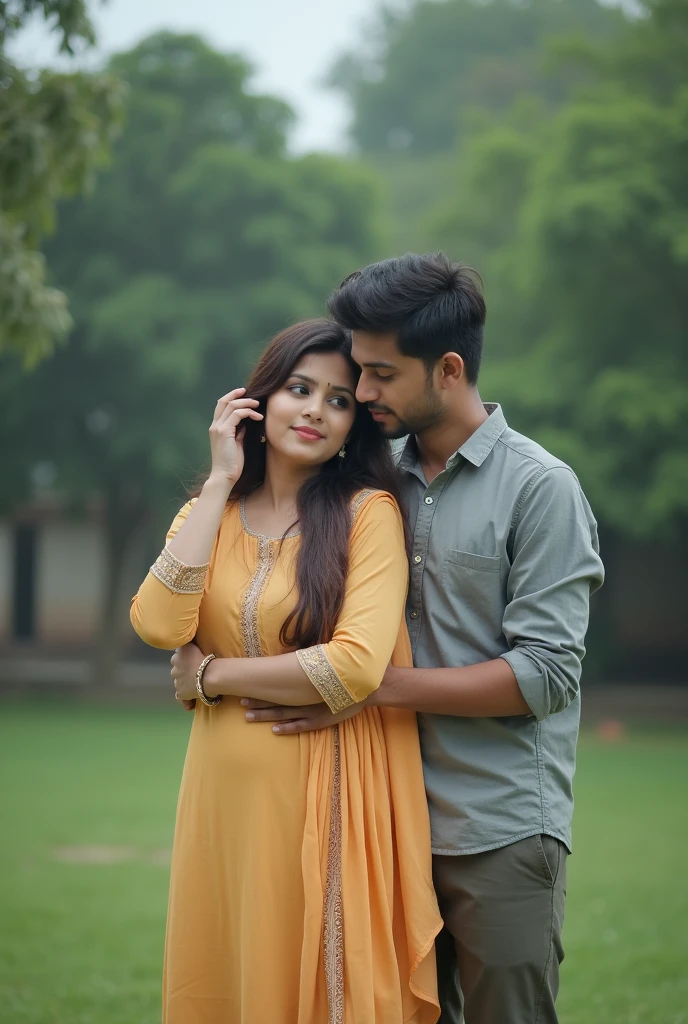 The image shows Indian a young couple sitting on a wooden bench in a park. The woman is wearing a green saree with a matching blouse and has long brown hair. She is sitting on the left side of the bench with her legs crossed and her hands resting on her lap. The man is sitting next to her with his arm around her waist. They are both looking at the camera with serious expressions on their faces. The background is blurred, but it appears to be a park with trees and people walking around. The overall mood of the image is romantic and intimate.